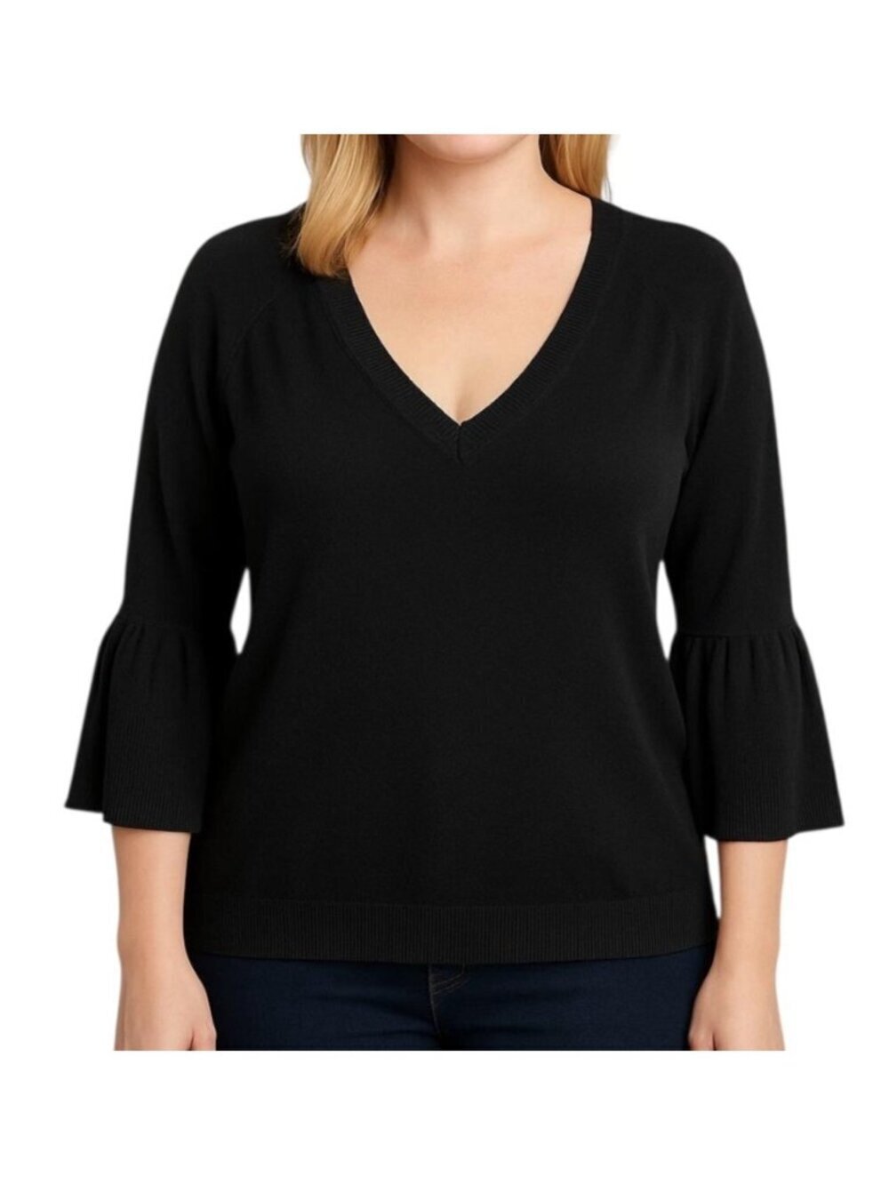 Banana Republic Classic V-Neck Sweater~Size M~Black Bell Sleeve Trendy L12 25